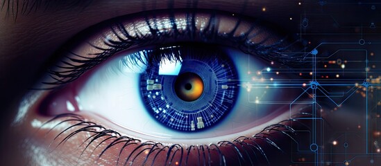 Poster - Human eye with cyber retinal recognition for neuro link connection smart lens eyes vision diagnostics Augmented virtual reality in metaverse AI artificial intelligence. Creative Banner