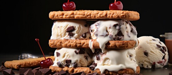 Canvas Print - Homemade Black Forest roasted cherry ice cream sandwiches with chocolate chip cookies. Creative Banner. Copyspace image