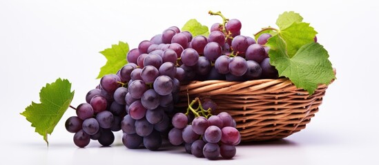 Aufkleber - Grapes with leaves in wicker basket Isolated on white background. Creative Banner. Copyspace image