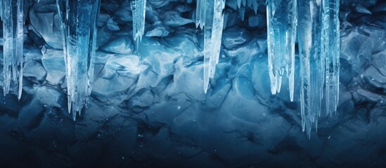 Poster - Frozen waterfall of blue icicles on the rock. Creative Banner. Copyspace image