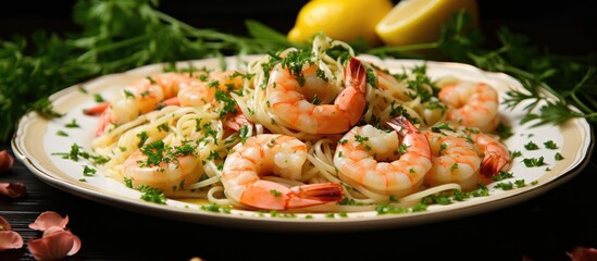 Aufkleber - Homemade Lemon Shrimp Scampi with Garlic and Parsley. Creative Banner. Copyspace image