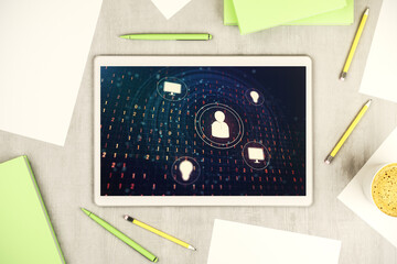 Poster - Modern digital tablet monitor with social network icons concept. Marketing and promotion concept. Top view. 3D Rendering