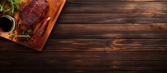 Aufkleber - Grilled beef steak on wooden board and red wine Top view flat lay. Creative Banner. Copyspace image