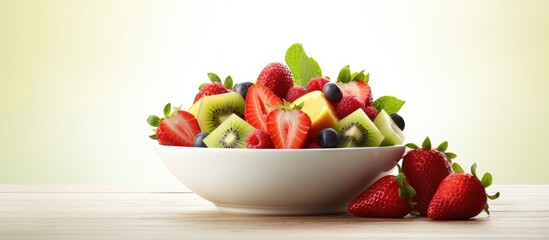 Poster - Fresh fruit salad with strawberry pineapple kiwi ananas and mint Delicious cut fruit in a bowl. Creative Banner. Copyspace image