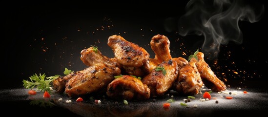 Aufkleber - Hot Meat Dishes Grilled Chicken Wings with Red Spicy Sauce. Creative Banner. Copyspace image