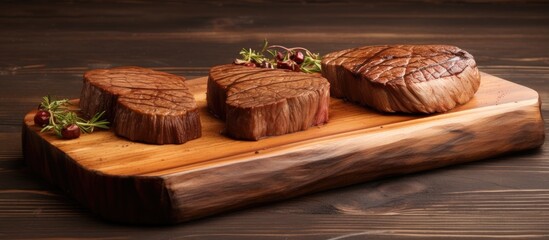 Sticker - Grilled fillet steaks on wooden cutting board. Creative Banner. Copyspace image