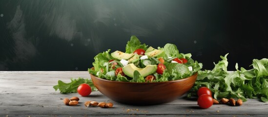 Poster - Healthy food fresh green salad Green salad with Feta cheese cucumbers lettuce cherry tomatoes avocado arugula and cashew nuts. Creative Banner. Copyspace image