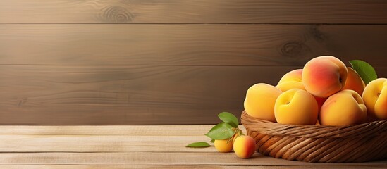 Poster - Fresh Yellow Peach fruit in wooden bowl on wooden background Yellow Peach with slice in wooden basket. Creative Banner. Copyspace image