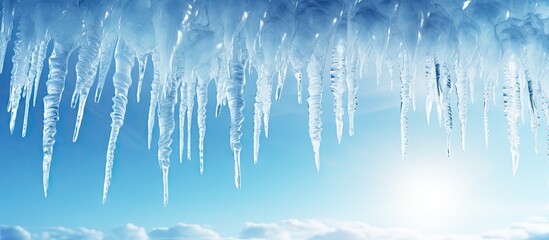 Poster - Icicles hanging from roof of house Winter concept Closeup danger icicles Frozen climate pattern Frost winter season. Creative Banner. Copyspace image