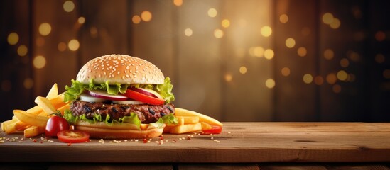 Poster - fresh tasty burger and french fries on wooden table. Creative Banner. Copyspace image