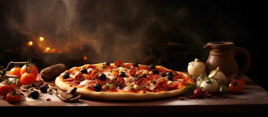 Poster - Homemade pizza with sun dried tomatoes mushrooms and olives Italian cuisine Food delivery. Creative Banner. Copyspace image