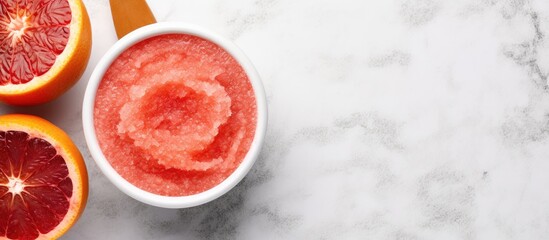 Poster - Fresh blood orange fruit grapefruit scrub in a small white bowl and wooden hair brush Homemade body exfoliation natural beauty treatment and spa recipe Top view copy space. Creative Banner