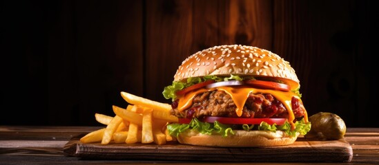 Wall Mural - Fresh tasty homemade burger on wooden table Big double cheddar cheeseburger with chicken cutlet with french fryes. Creative Banner. Copyspace image