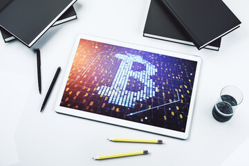 Aufkleber - Top view of modern digital tablet screen with creative Bitcoin symbol hologram. Mining and blockchain concept. 3D Rendering