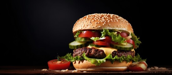 Poster - Fresh juicy burger or hamburger with double fried beef cutlet onions vegetables and tomato sauce close up. Creative Banner. Copyspace image