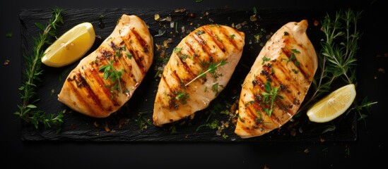 Wall Mural - Grilled chicken breasts with thyme garlic and lemon slices on a grill pan close up top view. Creative Banner. Copyspace image