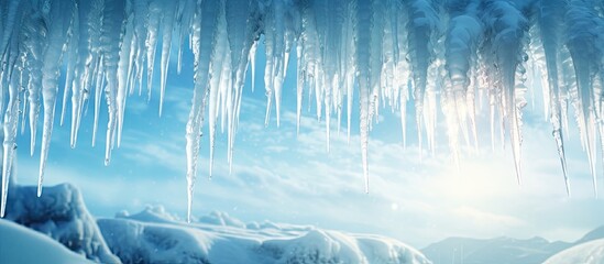 Canvas Print - Icicles hanging from roof of house Winter concept Closeup danger icicles Frozen climate pattern Frost winter season. Creative Banner. Copyspace image