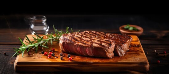 Poster - Grilled fillet steaks on wooden cutting board. Creative Banner. Copyspace image