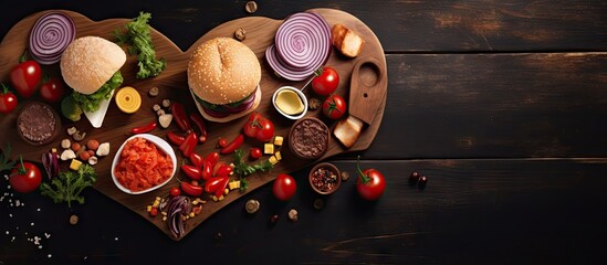 Aufkleber - Heart shaped sandwich recipe ingredients with sauces on a wooden board Top view horizontal selective focus. Creative Banner. Copyspace image