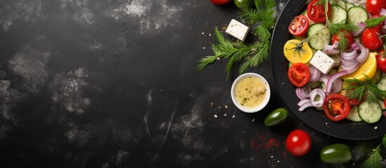 Poster - Greek salad Vegetable salad from tomato cucumber feta cheese and olive oil on black stone table Top view with copy space. Creative Banner. Copyspace image