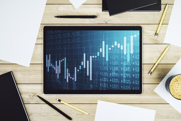 Poster - Modern digital tablet monitor with abstract creative financial chart, research and strategy concept. Top view. 3D Rendering