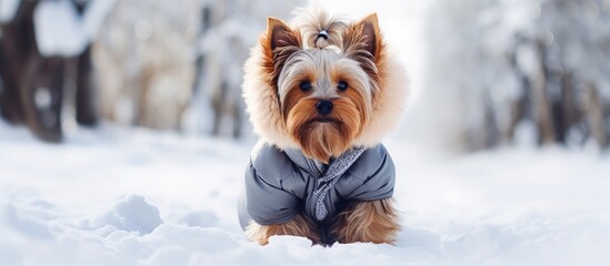 Poster - Funny cute Yorkshire Terrier dog in a warm suit overalls walking in a countryside at cold frosty winter day Doggie in warm shoes boots playing in the snow Clothes for lovely pets for walk outdo