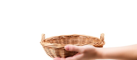 Poster - Hand holding wicker basket isolated on white. Creative Banner. Copyspace image