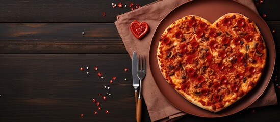 Poster - Fresh baked slice of thin crust supreme pizza sitting on white plate with red heart napkin and fork. Creative Banner. Copyspace image