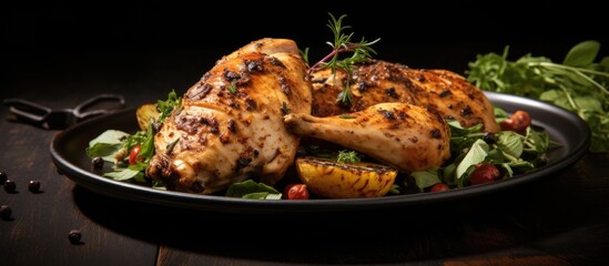 Poster - grilled chicken with butter lemon and garlic on white plate. Creative Banner. Copyspace image