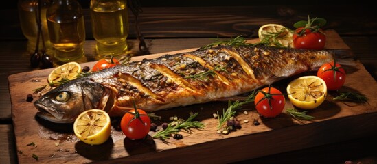 Poster - Fresh Mediterranean fishes on traditional BBQ fireplace oiling with virgin olive oil selective focus. Creative Banner. Copyspace image