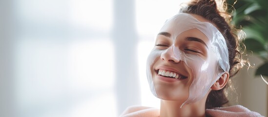 Poster - Happy young removing from face skincare hydrating sheet mask with collagen hyaluronic acid for glowing skin Laughing female use moisturizing facial beauty masks daily selfcare routine