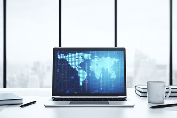 Poster - Modern computer monitor with abstract digital world map, research and strategy concept. 3D Rendering