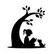 Little girl is reading a book under the tree with a cute dog silhouette, love reading, kids reading books