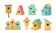 Cartoon wooden bird houses on white background. Cute diffirent birdhouses vector illustration
