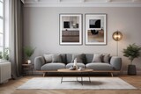 Fototapeta Przestrzenne - Minimal retro interior design of living room with grey couch