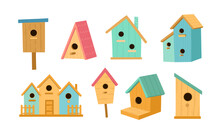 Cartoon Wooden Bird Houses On White Background. Cute Diffirent Birdhouses Vector Illustration