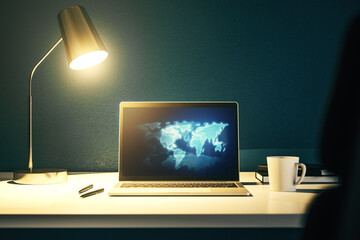 Poster - Abstract creative digital world map on modern laptop monitor, tourism and traveling concept. 3D Rendering