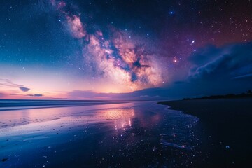 Wall Mural - Coast as a background from wide view. Dusk time on the beach with milky way sky