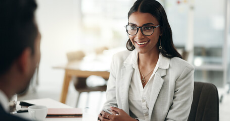 Aufkleber - Interview, human resources and meeting with business people, conversation and hiring with b2b and recruitment. Woman HR manager, man and communication, networking and onboarding with collaboration