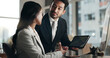 © Clement C/peopleimages.com - Computer, tablet and professional team, stock market and consulting on NFT data, trading insight or IPO analytics. Finance partner, broker discussion and business people teamwork on crypto statistics