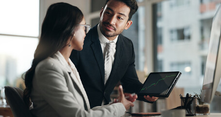 Poster - Computer, tablet and professional team, stock market and consulting on NFT data, trading insight or IPO analytics. Finance partner, broker discussion and business people teamwork on crypto statistics
