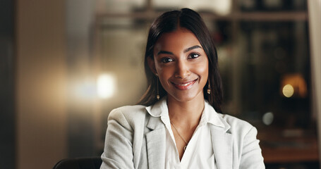 Poster - Happy, night and face of professional woman, office consultant or lawyer happy for overtime work, commitment or career. Pride, corporate portrait and Indian person working late in company law firm