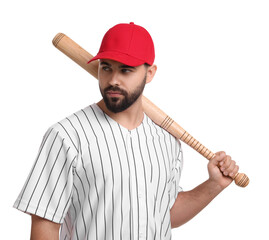 Wall Mural - Man in stylish red baseball cap holding bat on white background
