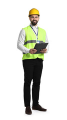 Wall Mural - Engineer in hard hat holding clipboard on white background