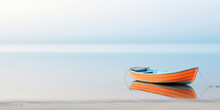 Orange Boat In A Calm Sea Waters Near A Beachline. Calm, Tranquil Landscape. Generative AI