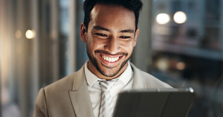 Poster - Office tablet, face and happy man reading, scroll or smile for company growth data, startup revenue or success analytics. Night report, feedback review or professional person check project statistics