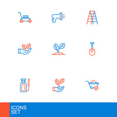 Poster - Set line Wheelbarrow, Leaf in hand, Garden sprayer for water, Shovel, Sprout, Wooden staircase and hose icon. Vector