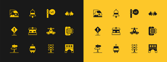 Sticker - Set Flag, Suitcase, Handcar transportation, Railroad crossing, Railway station, Toilet, High-speed train and Train bell icon. Vector