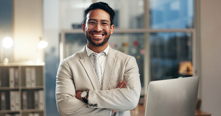 Aufkleber - Professional business office, arms crossed and happy man, night worker or admin smile for career, job or work vocation. Manager, expert or portrait person confident, smile and pride in administration