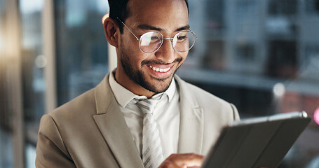Poster - Office tablet, face and happy man typing, scroll or check research data, planning or reading customer experience analytics. Night report, feedback review and media analyst work on project statistics